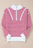 Striped Half Zip Mock Neck Long Sleeve Sweater - Trendsi - Flyclothing LLC