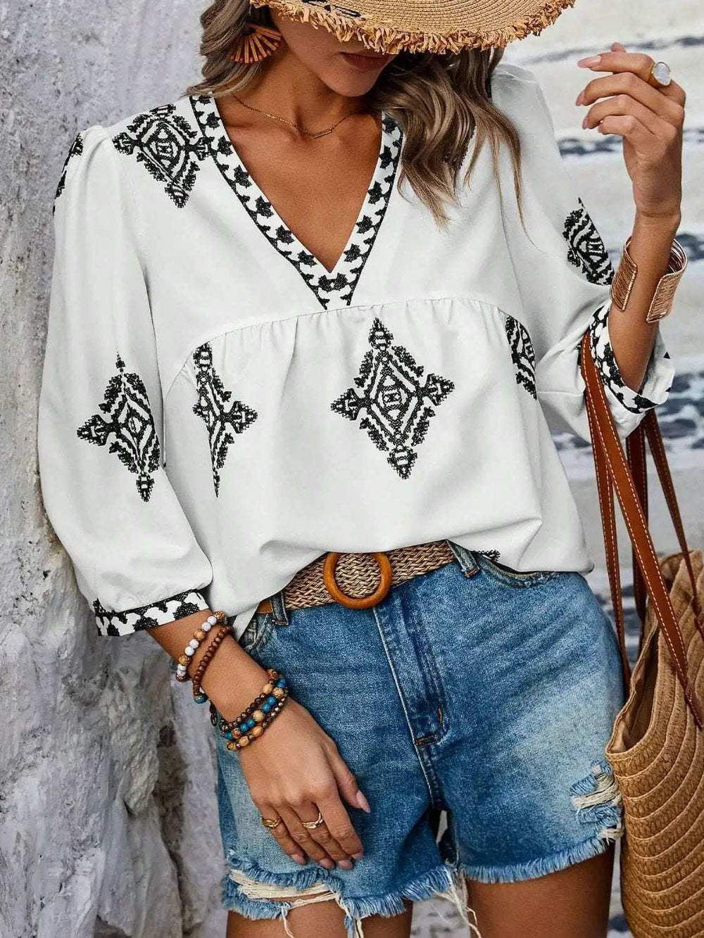 Printed V-Neck Three-Quarter Sleeve Blouse - Trendsi - Flyclothing LLC
