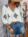 Printed V-Neck Three-Quarter Sleeve Blouse - Trendsi - Flyclothing LLC