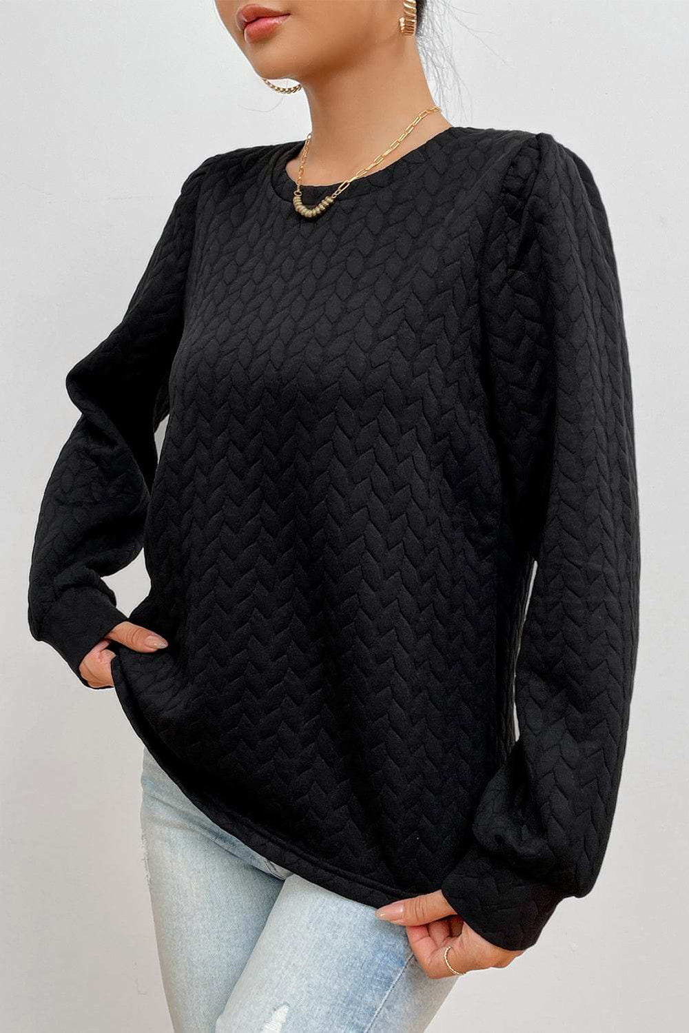 Texture Round Neck Long Sleeve Sweatshirt - Trendsi - Flyclothing LLC