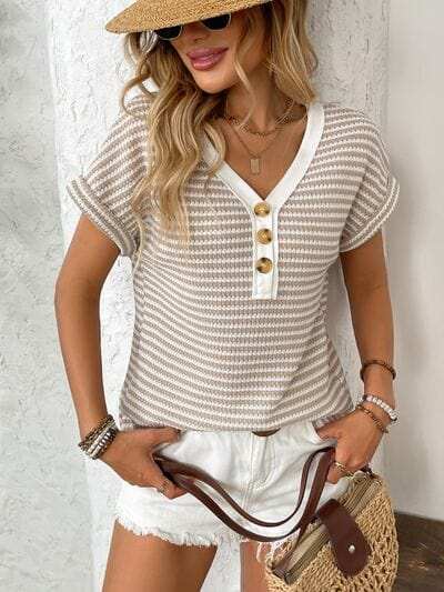 Striped V-Neck Short Sleeve T-Shirt - Trendsi - Flyclothing LLC