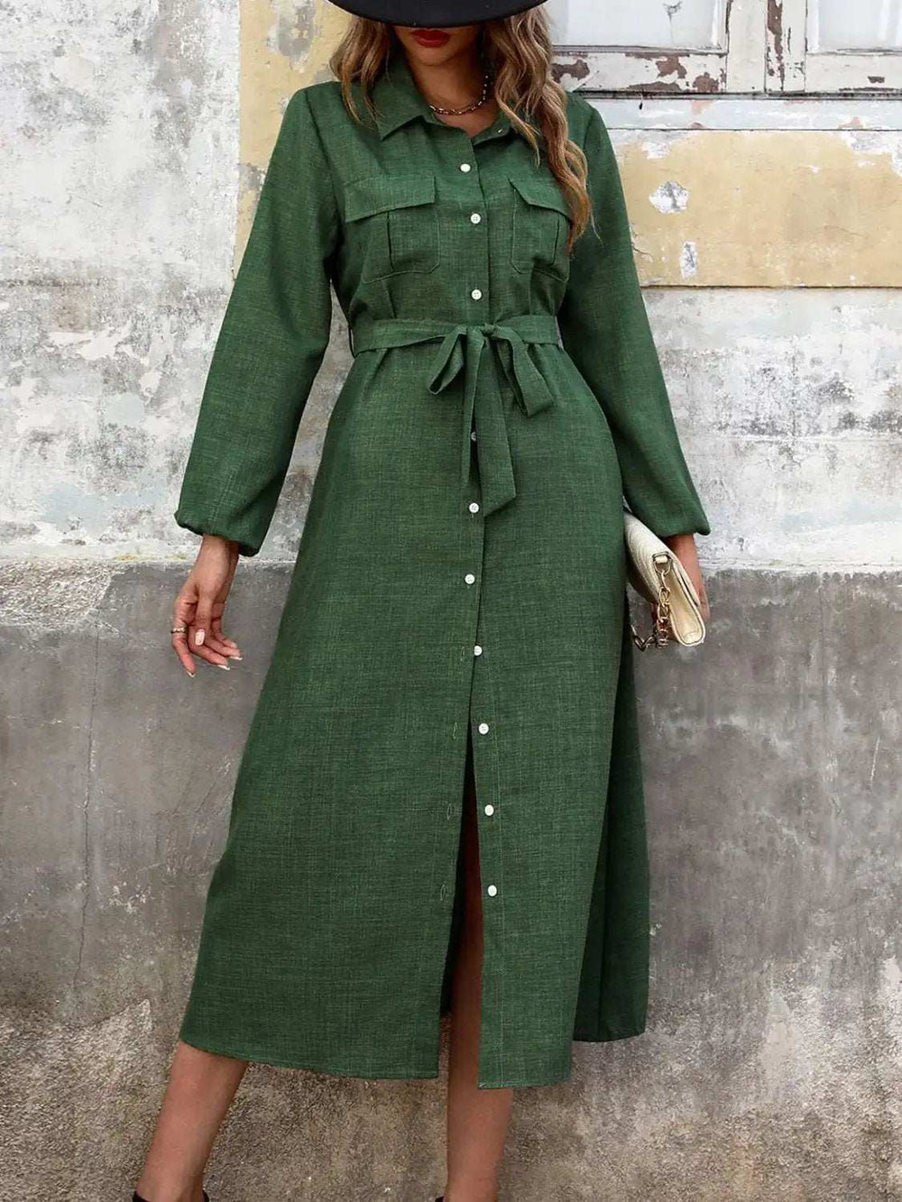Collared Neck Long Sleeve Midi Shirt Dress - Trendsi - Flyclothing LLC