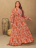 Plus Size Printed Notched Long Sleeve Maxi Dress - Trendsi - Flyclothing LLC