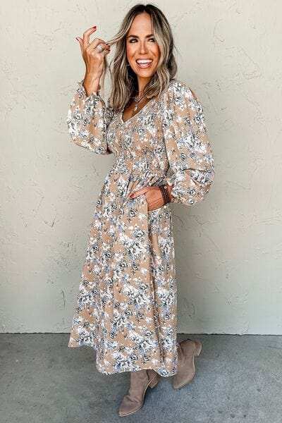 Printed V-Neck Long Sleeve Dress - Trendsi - Flyclothing LLC