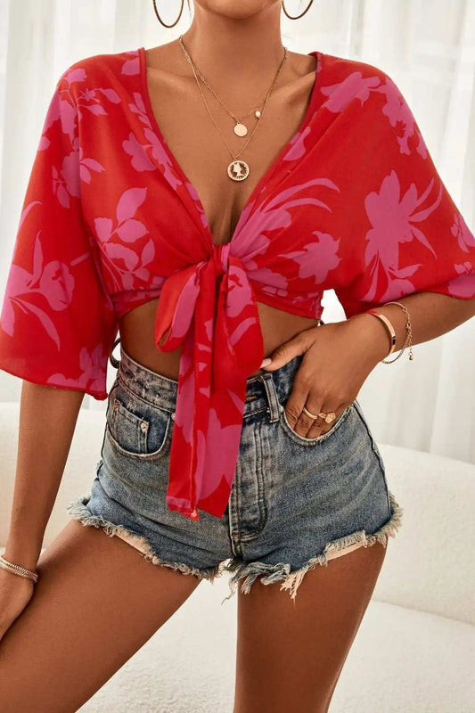 Printed Plunge Half Sleeve Blouse - Trendsi - Flyclothing LLC