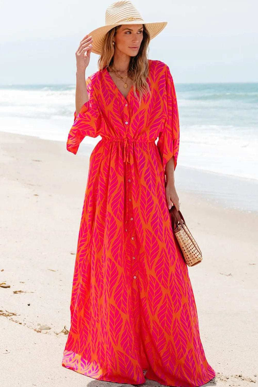 Drawstring Printed V-Neck Maxi Dress - Trendsi - Flyclothing LLC