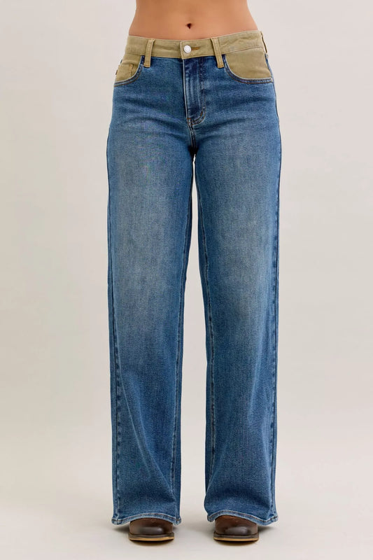 Judy Blue MR Column Straight Jeans with Corduroy Waist - Trendsi - Flyclothing LLC