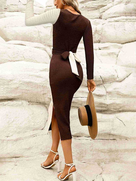 Two Tone Slit Round Neck Long Sleeve Midi Dress - Trendsi - Flyclothing LLC