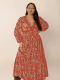 Plus Size Lace Detail Printed Balloon Sleeve Midi Dress - Trendsi - Flyclothing LLC