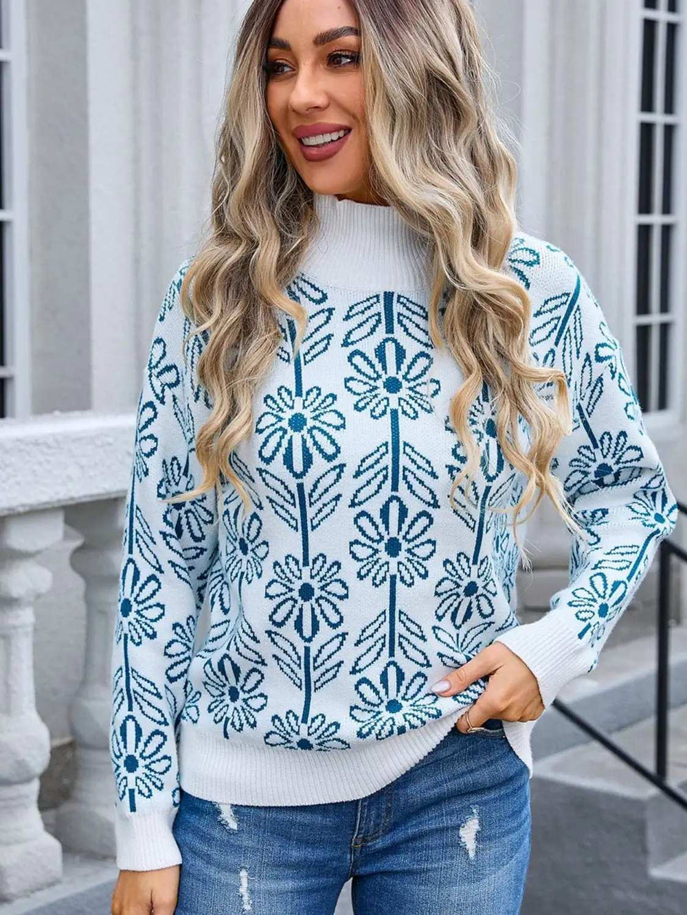 Flower Turtleneck Long Sleeve Sweater - Trendsi - Flyclothing LLC