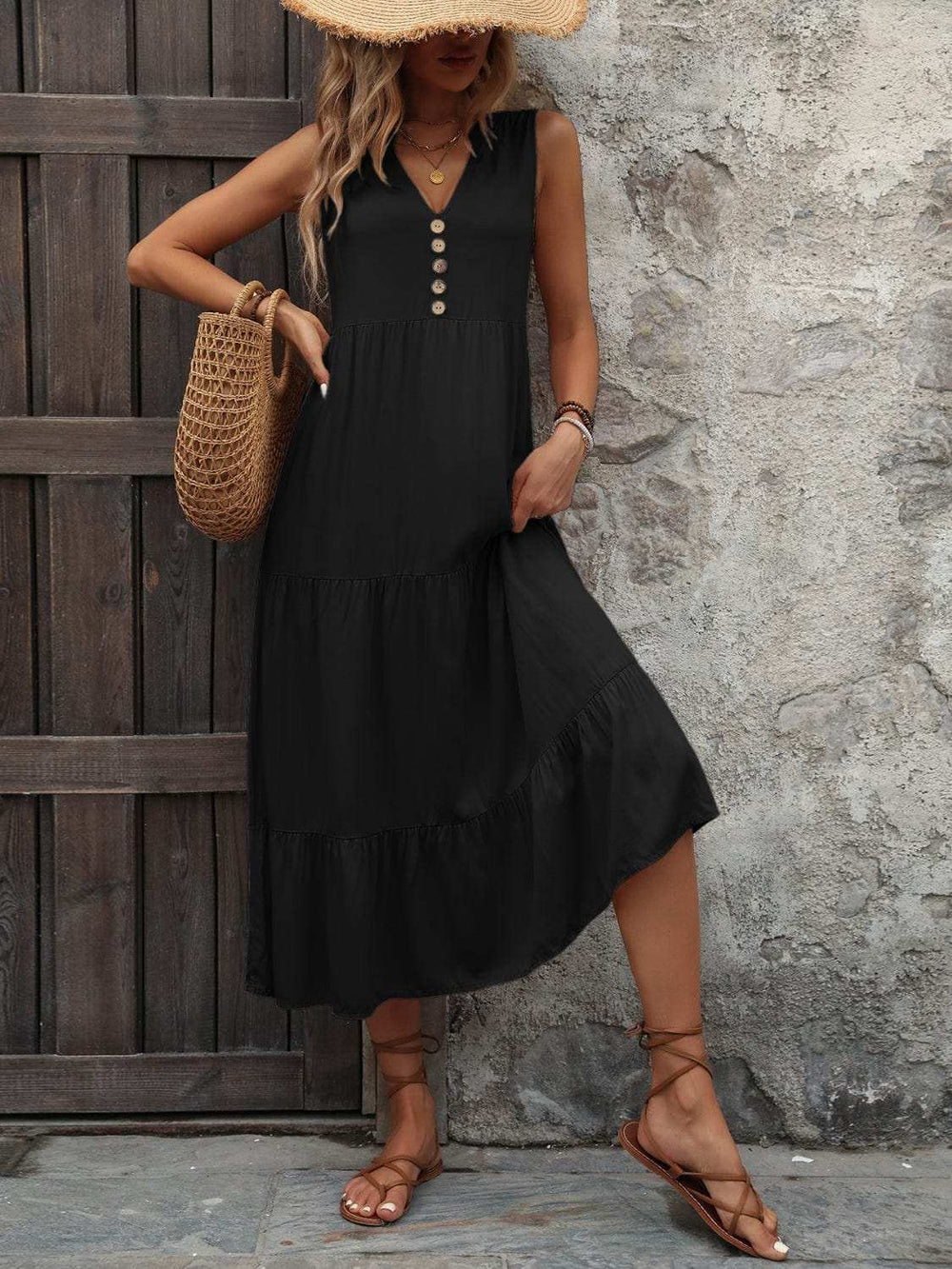 Decorative Button Notched Sleeveless Dress - Trendsi - Flyclothing LLC