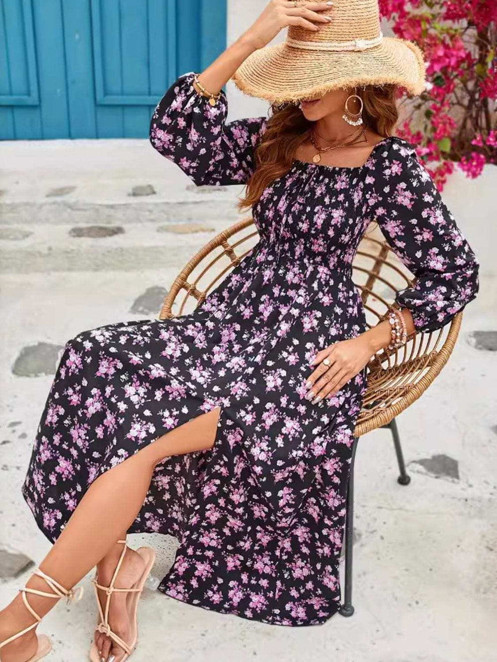 Slit Smocked Floral Square Neck Balloon Sleeve Midi Dress - Trendsi - Flyclothing LLC
