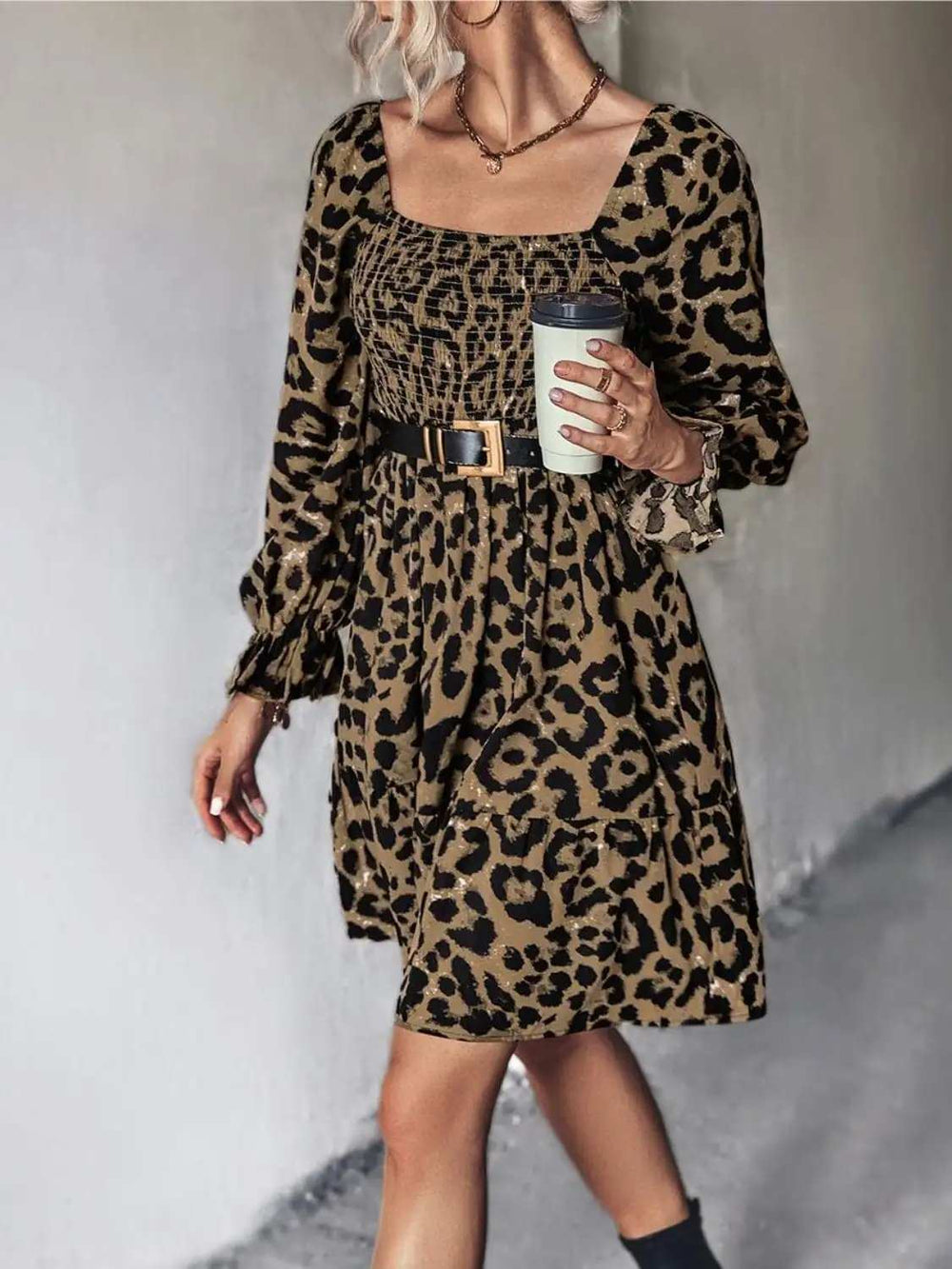 Leopard Smocked Flounce Sleeve Mini Dress - Trendsi - Flyclothing LLC