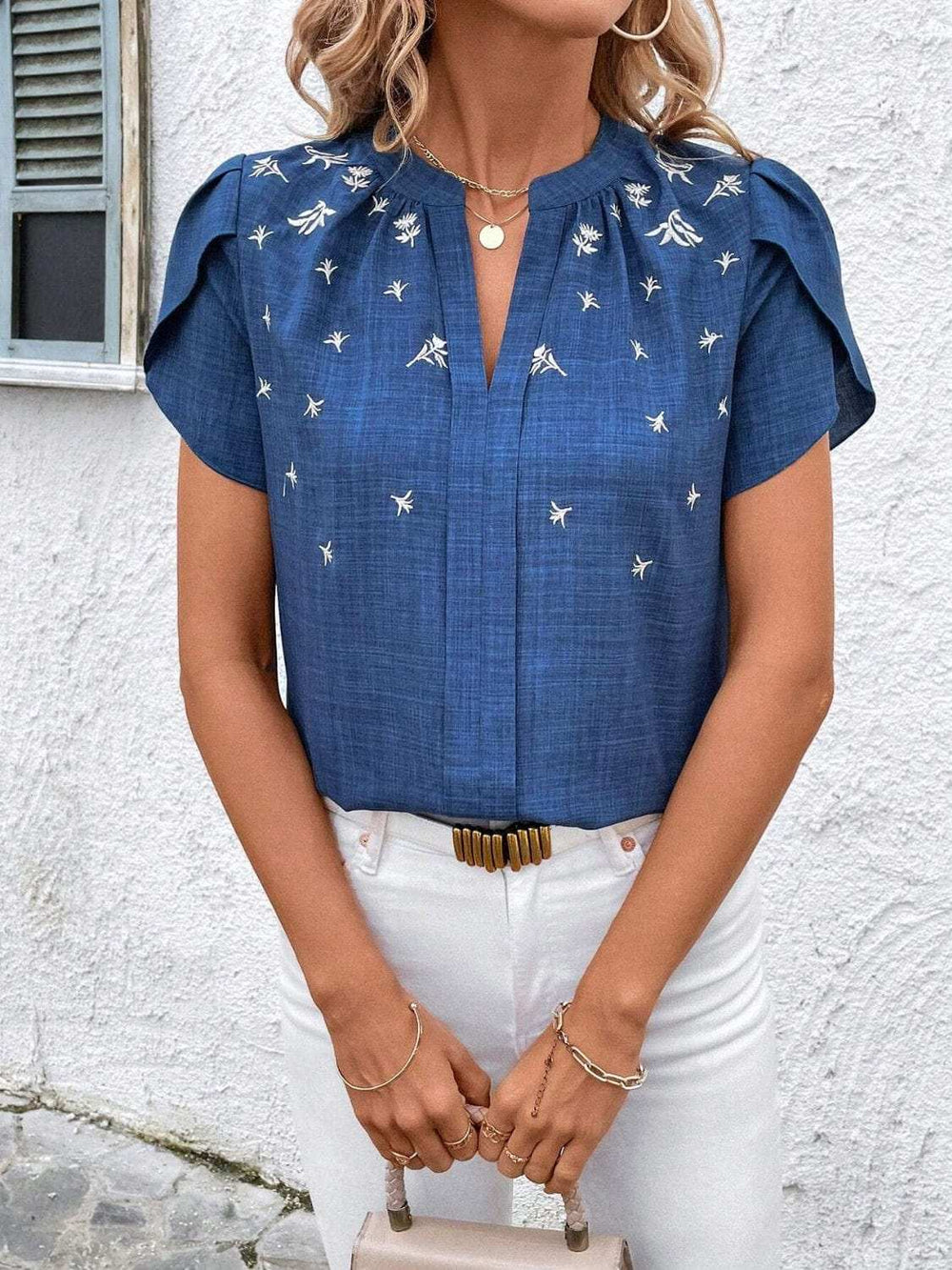 Floral Notched Short Sleeve Blouse - Trendsi - Flyclothing LLC