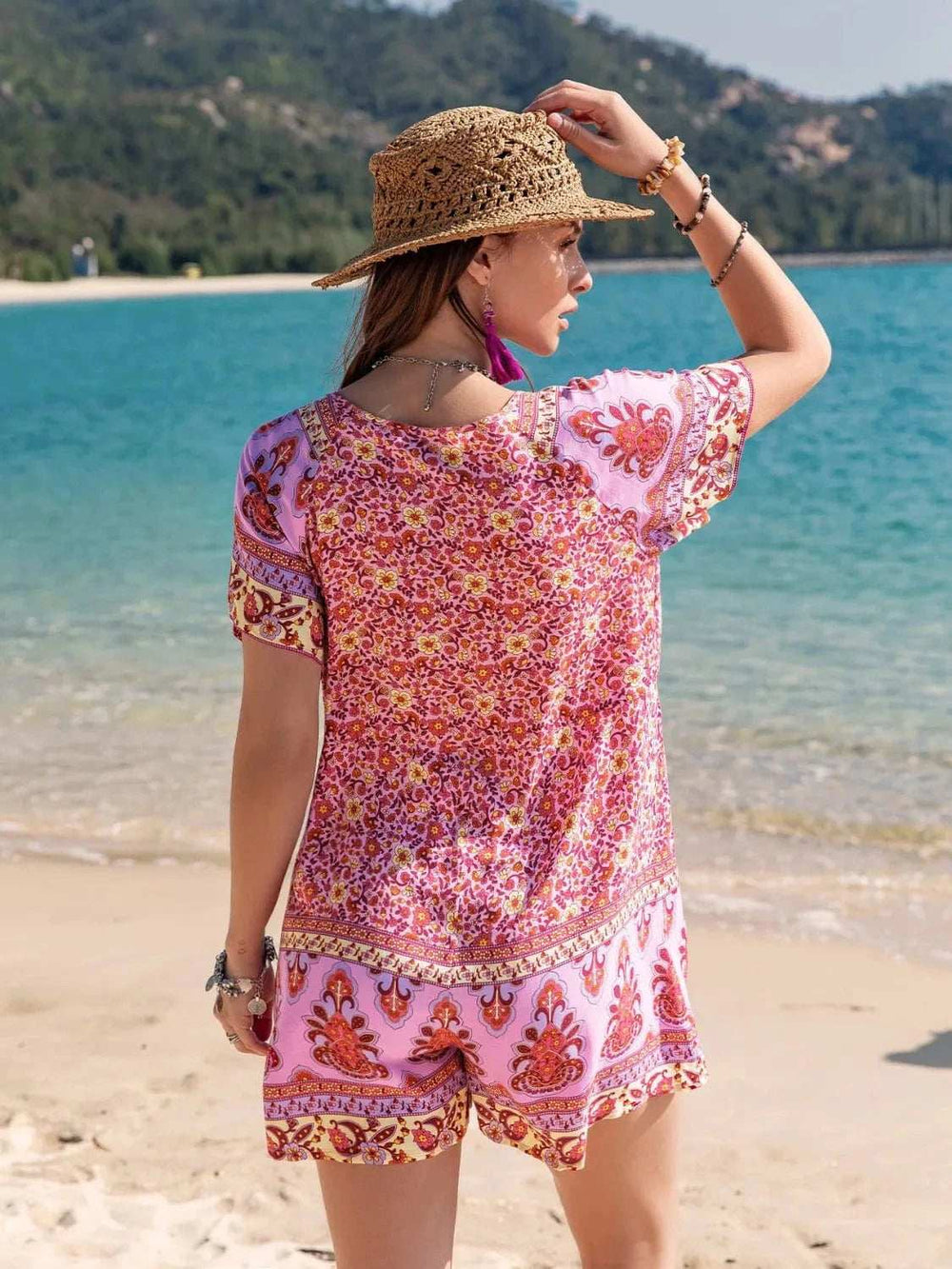 Printed V-Neck Short Sleeve Romper - Trendsi - Flyclothing LLC