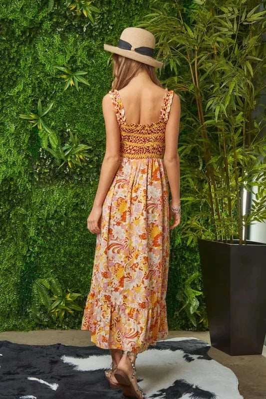 Davi & Dani Multi Smocked Bodice Geo Ruffle Strappy Midi Dress - Trendsi - Flyclothing LLC