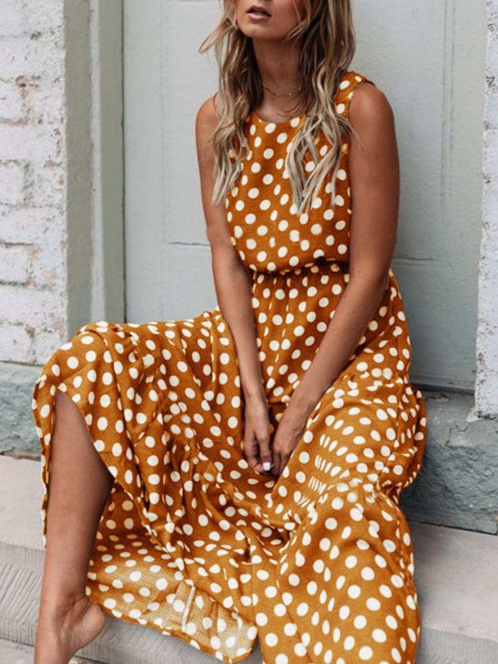 Polka Dot Round Neck Sleeveless Midi Dress - Trendsi - Flyclothing LLC