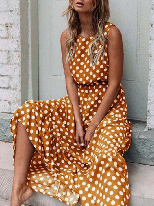 Polka Dot Round Neck Sleeveless Midi Dress - Trendsi - Flyclothing LLC