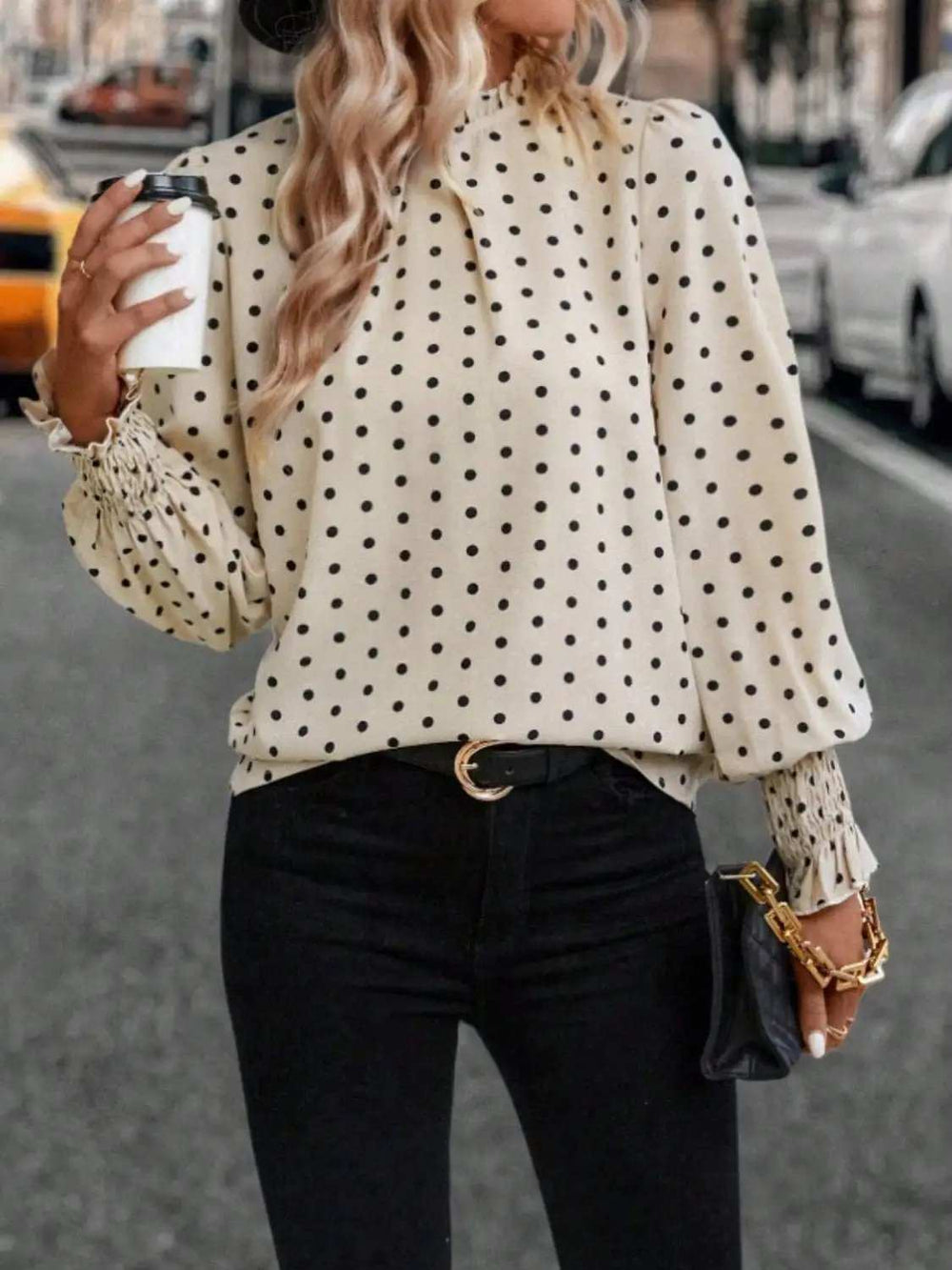 Polka Dot Mock Neck Long Sleeve Blouse - Trendsi - Flyclothing LLC