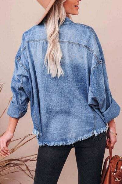 Collared Neck Raw Hem Long Sleeve Denim Shirt - Trendsi - Flyclothing LLC