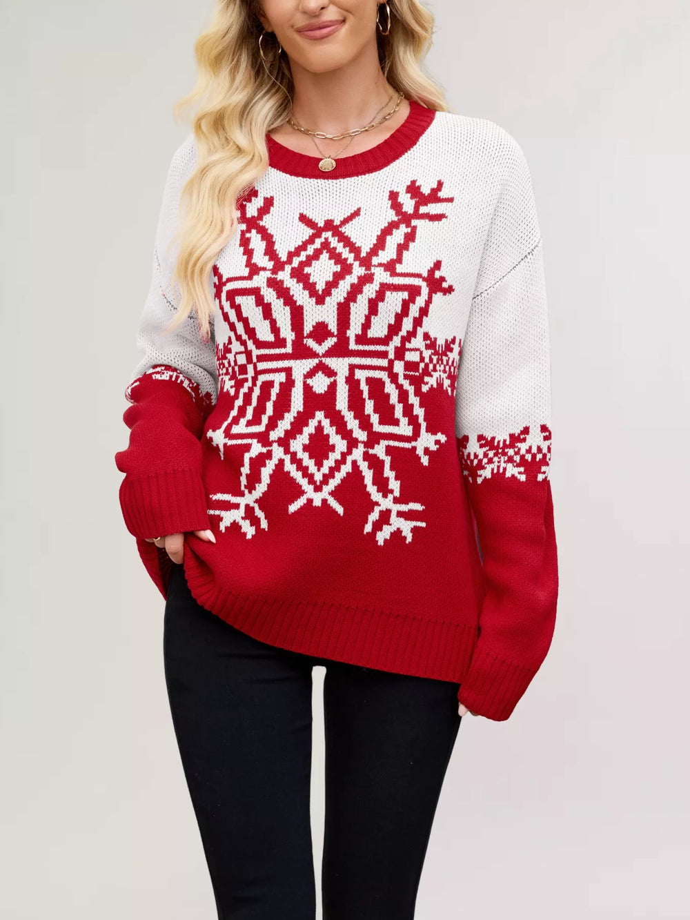 Christmas Snowflake Round Neck Sweater - Trendsi - Flyclothing LLC