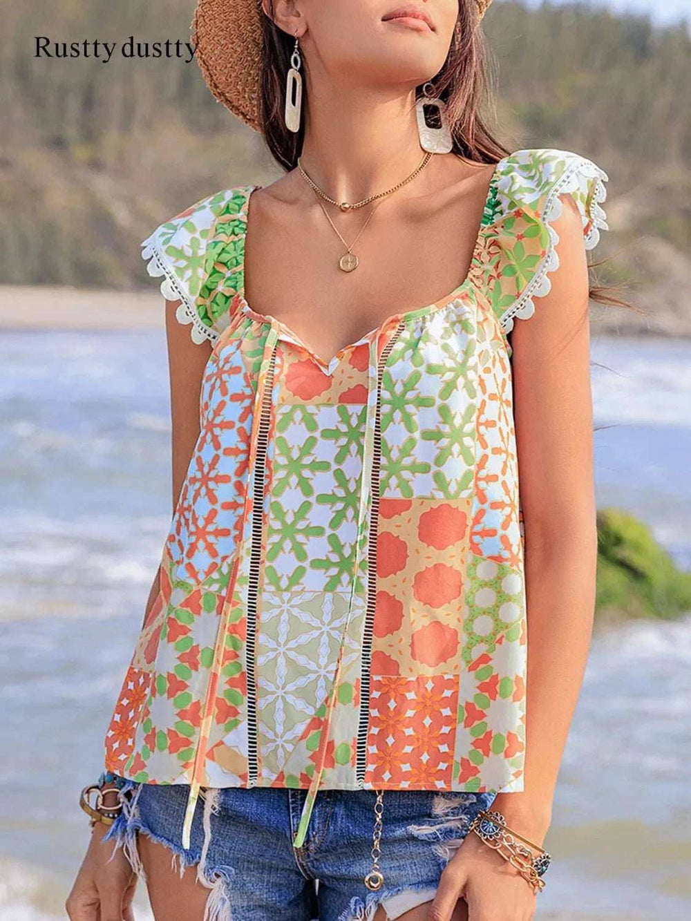 Lace Detail Printed Tie Neck Cap Sleeve Blouse - Trendsi - Flyclothing LLC