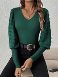 Swiss Dot V-Neck Long Sleeve Top - Trendsi - Flyclothing LLC