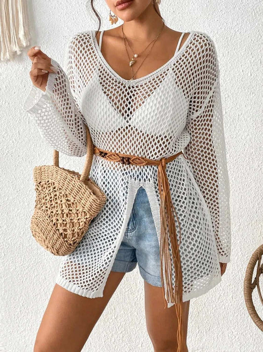 Openwork V-Neck Slit Cover-Up - Trendsi - Flyclothing LLC
