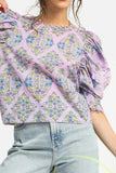 Umgee Printed Lace Puff Sleeve Blouse - Trendsi - Flyclothing LLC