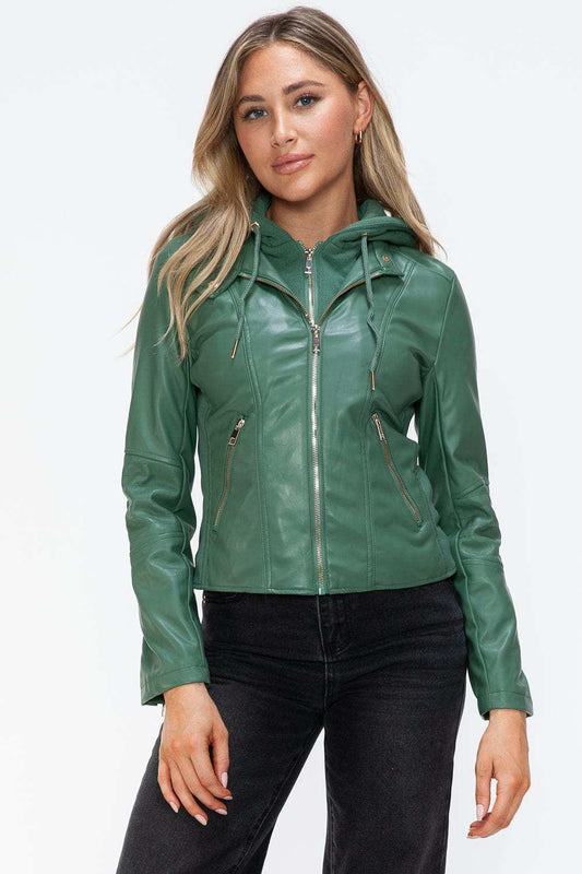 Snobbish Faux Leather Zip Up Drawstring Hooded Jacket - Trendsi - Flyclothing LLC