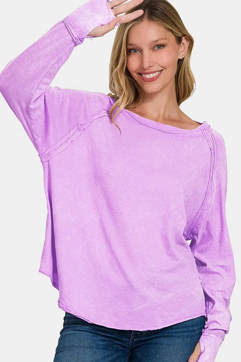 Zenana Round Neck Thumbhole Long Sleeve T-Shirt - Trendsi - Flyclothing LLC