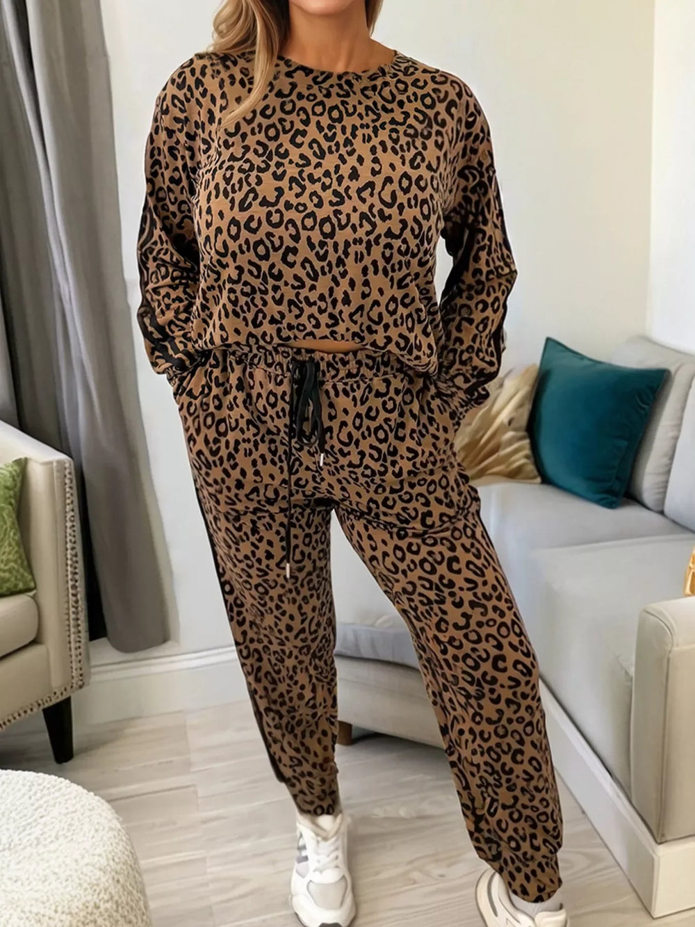 Striped Trim Leopard Long Sleeve Top Drawstring Pant Set - Trendsi - Flyclothing LLC