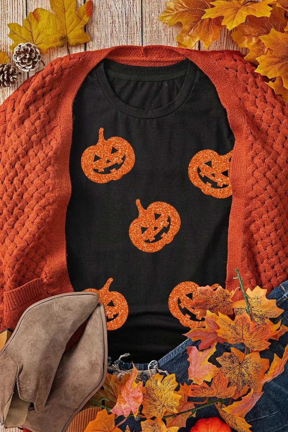 Full Size Glitter Jack-O'-Lantern Round Neck Short Sleeve T-Shirt - Trendsi - Flyclothing LLC