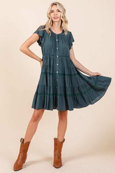 Mittoshop Lace Detail Ruffled Button Down Tiered Dress - Trendsi - Flyclothing LLC