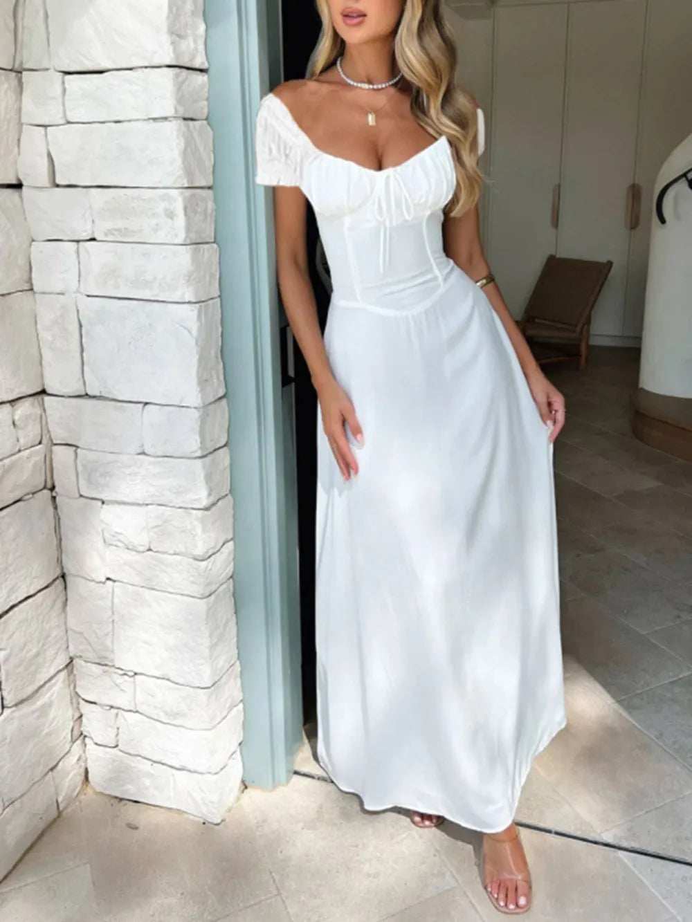 Devine Sweetheart Neck Short Sleeve Maxi Dress - Trendsi - Flyclothing LLC