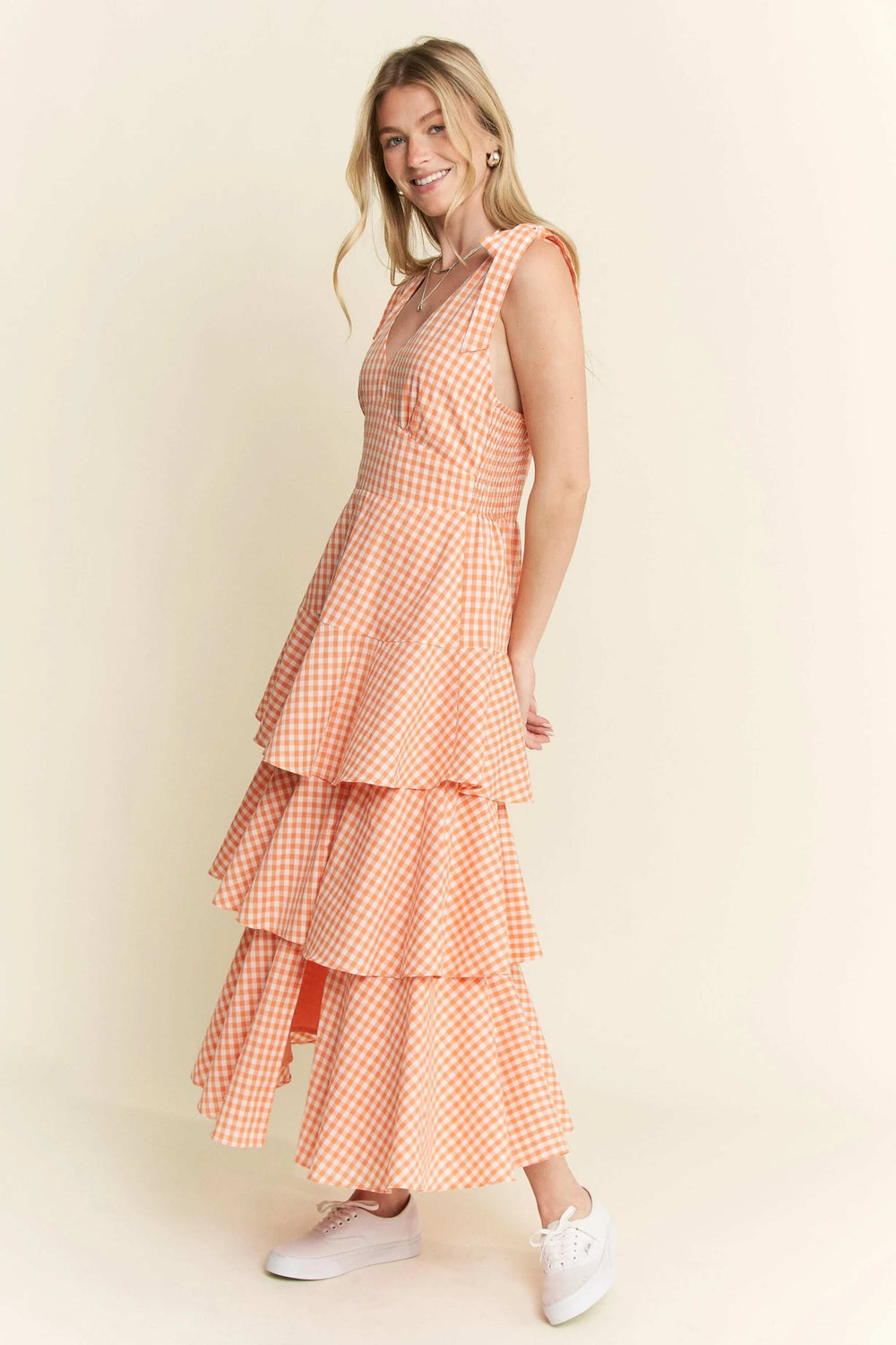 Jade By Jane Sleeveless Gingham Print Tiered Midi Dress - Trendsi - Flyclothing LLC
