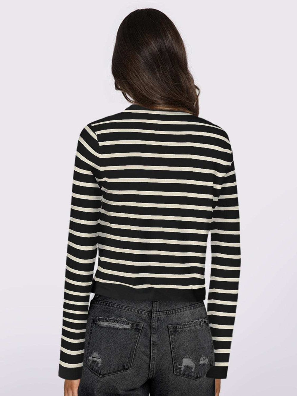 Striped Round Neck Button Up Long Sleeve Cardigan - Trendsi - Flyclothing LLC