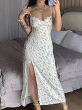 Floral Print Lace Trim Slit Midi Dress - Trendsi - Flyclothing LLC