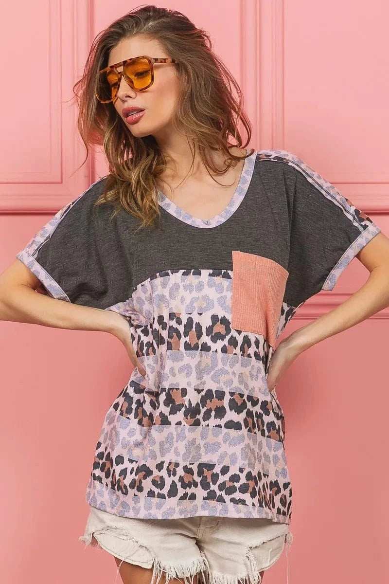 BiBi Leopard Stripe with Slub Terry Color Block T-Shirt - Trendsi - Flyclothing LLC