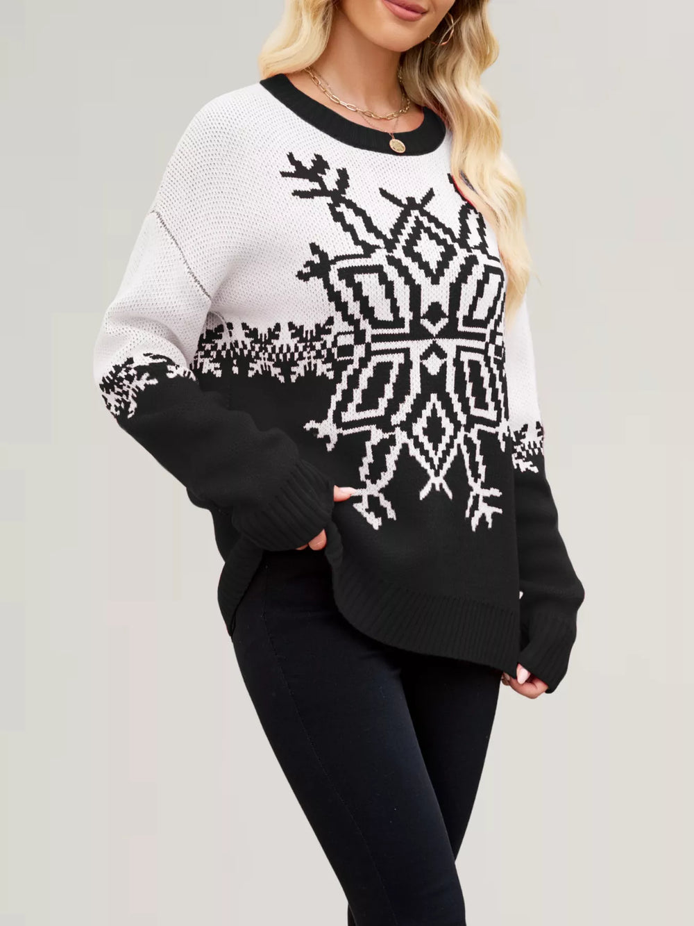 Christmas Snowflake Round Neck Sweater - Trendsi - Flyclothing LLC