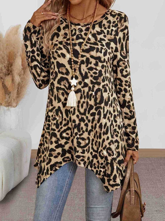 Leopard Round Neck Long Sleeve T-Shirt - Trendsi - Flyclothing LLC