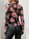 Mesh Floral Mock Neck Long Sleeve Top - Trendsi - Flyclothing LLC