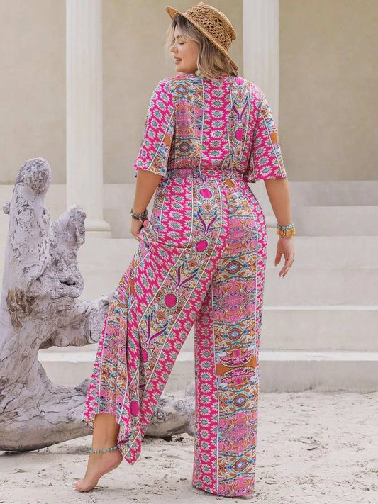 Plus Size Printed Half Sleeve Wide Leg Jumpsuit - Trendsi - Flyclothing LLC