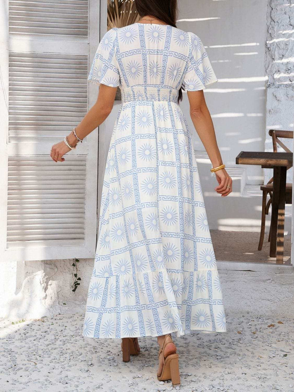 Devine Smocked Printed V-Neck Short Sleeve Maxi Dress - Trendsi - Flyclothing LLC