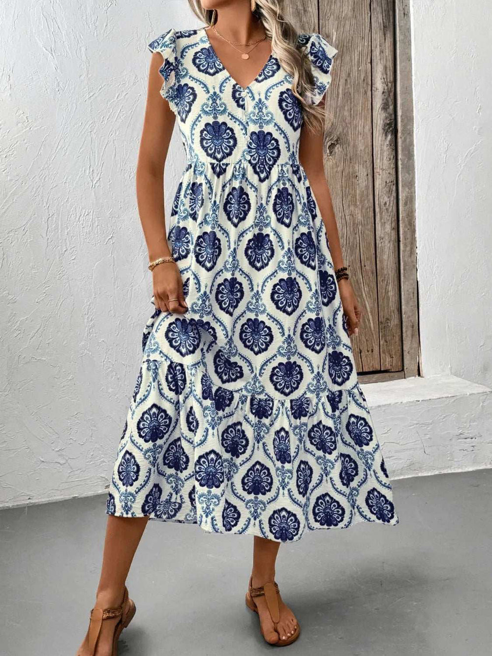 Printed V-Neck Cap Sleeve Dress - Trendsi - Flyclothing LLC