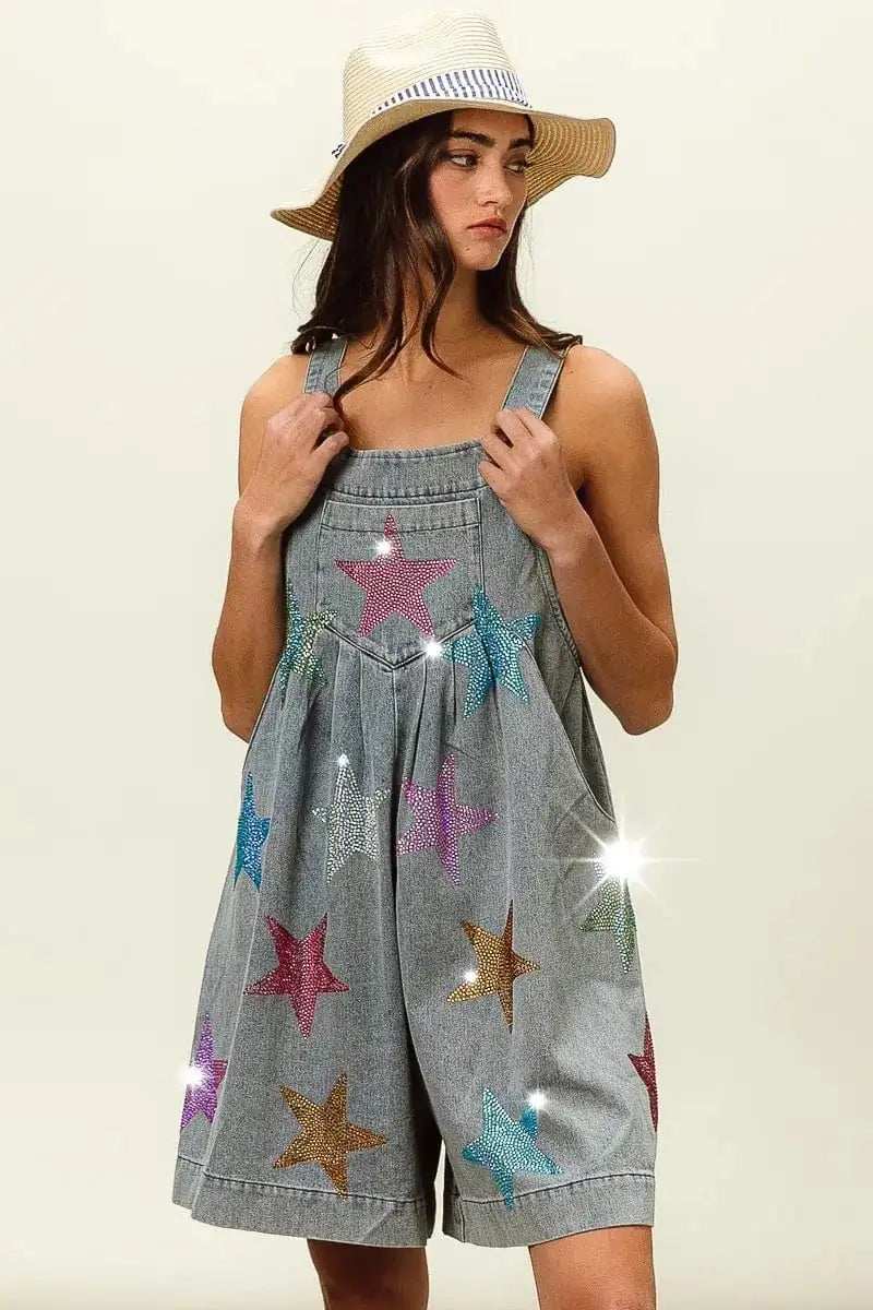 BiBi Star Rhinestone Washed Wide Leg Shortalls - Trendsi - Flyclothing LLC