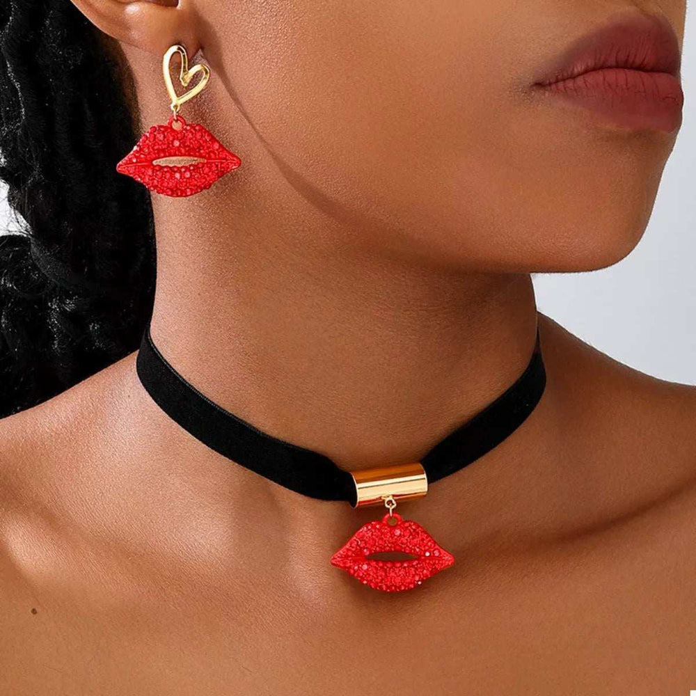 Rhinestone Lip Earrings and Necklace Jewelry Set - Trendsi - Flyclothing LLC