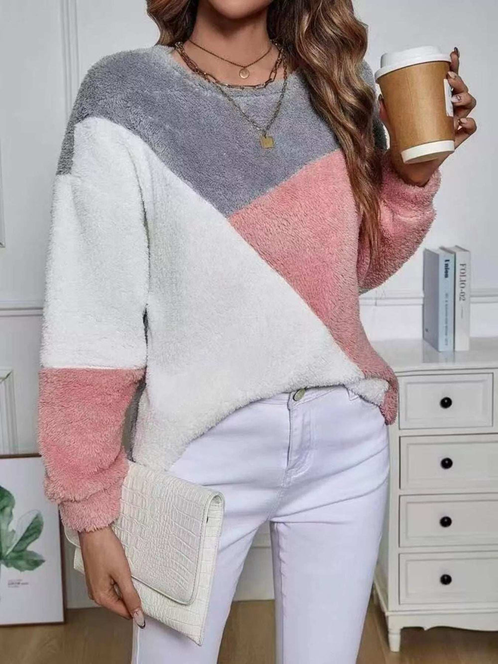 Color Block Fuzzy Knit Sweatshirt - Trendsi - Flyclothing LLC