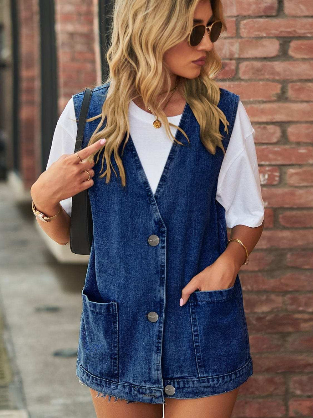 Full Size V-Neck Button Up Denim Vest - Trendsi - Flyclothing LLC