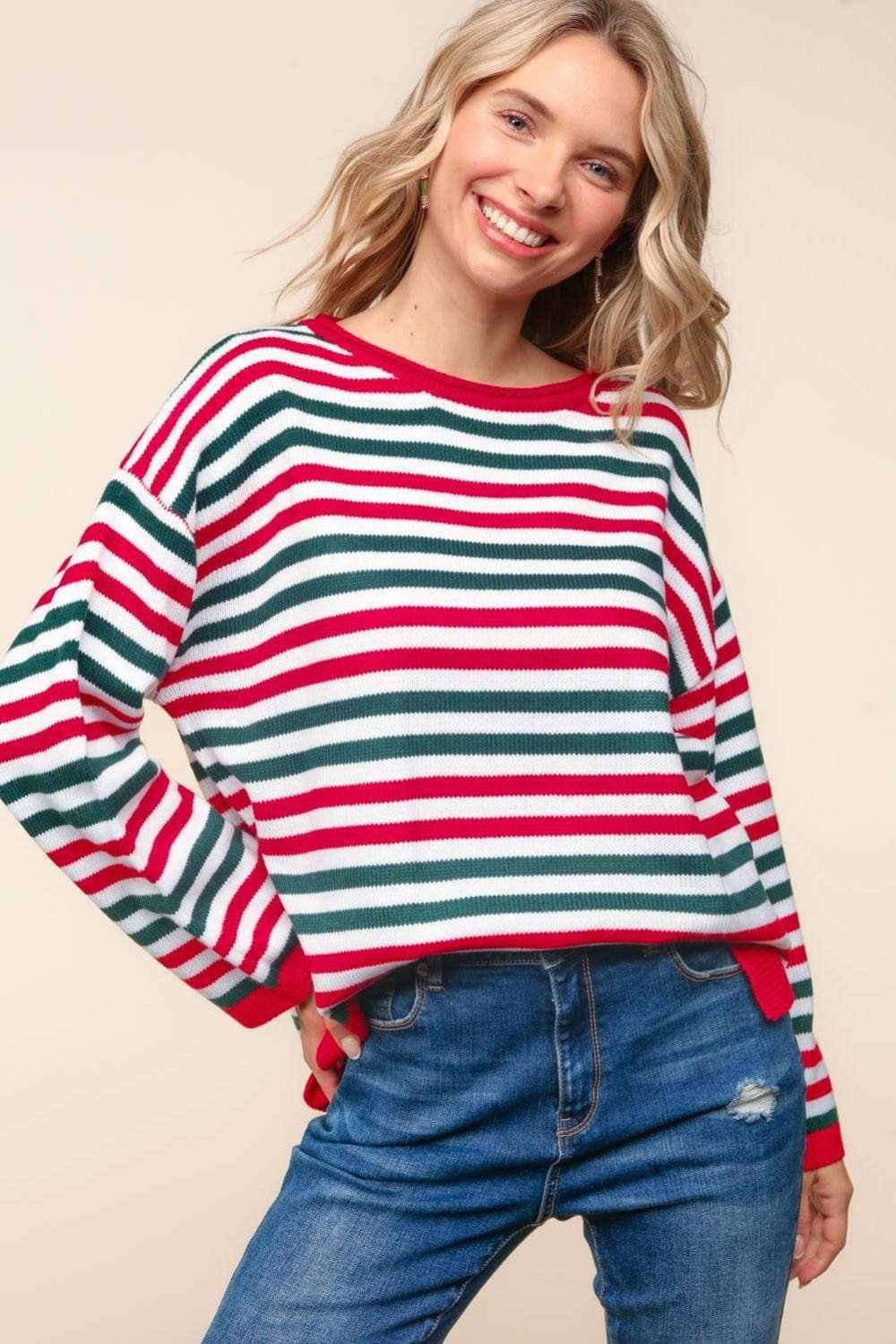 Haptics Full Size Striped Contrast Side Slit Knit Top - Trendsi - Flyclothing LLC